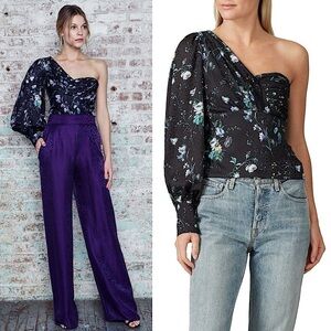 FLOR ET.AL Floral Satin Jacquard One Shoulder Puffed Long Sleeve‎ Bustier Top XL